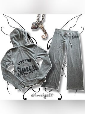 VTG Y2K Juicy Couture Gray Velour Hoodie & Wide-Leg Pants Tracksuit Set